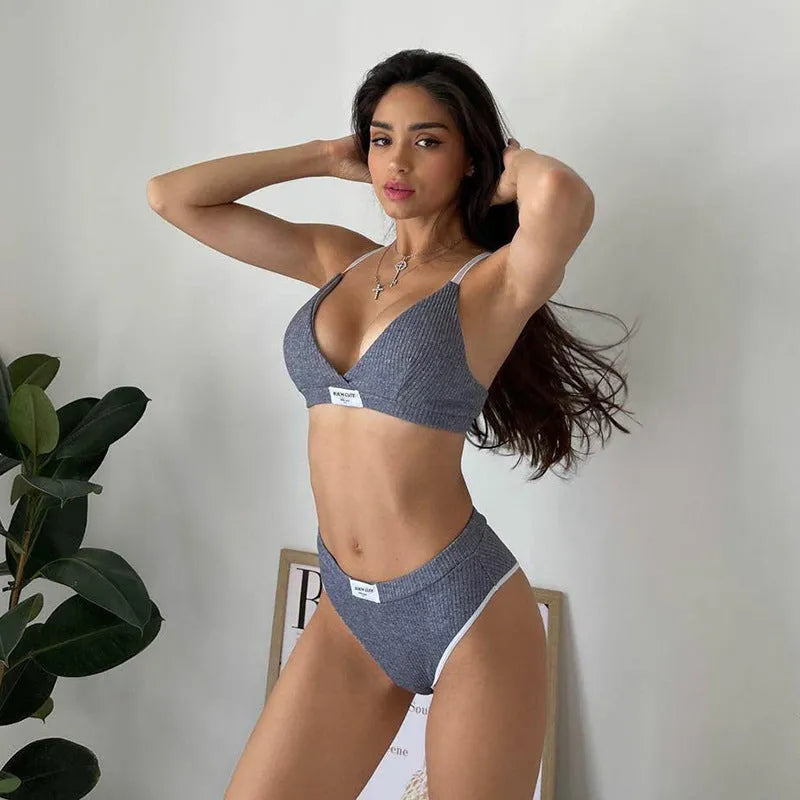 Grey women's bikini set with contrast binding and embroidery on the top and shorts.