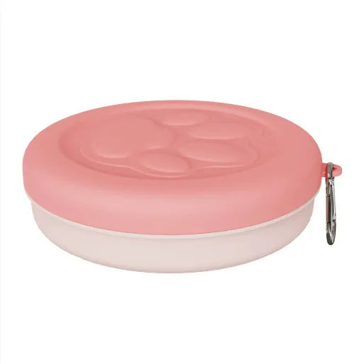 Collapsible silicone dog food and water bowl in pink and green colours, shown in both open and flattened positions