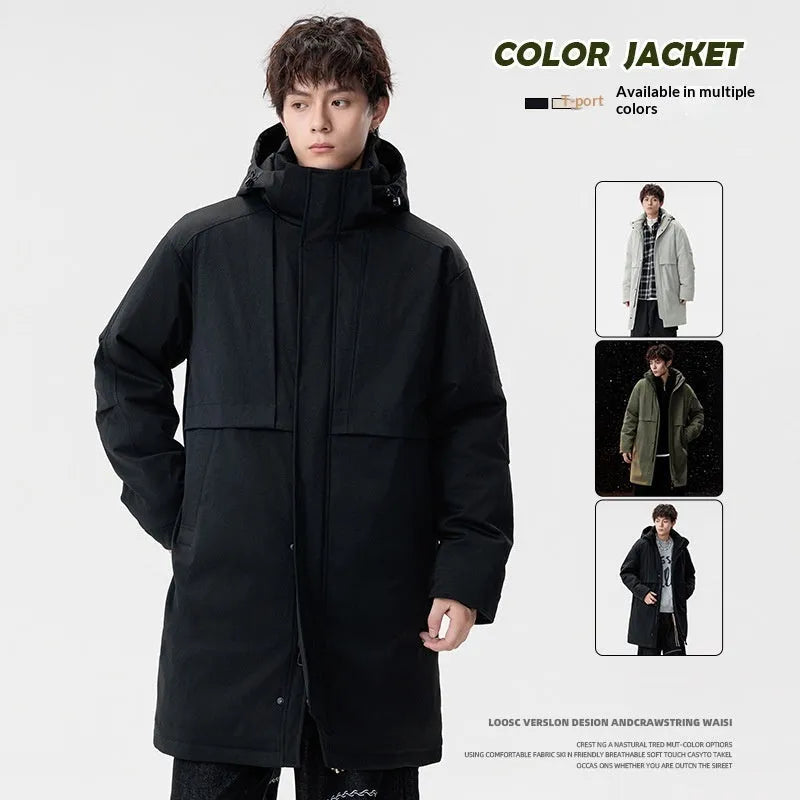 Men's loose fit windproof thickened polyester fibre winter coat in army green, front view with side pockets