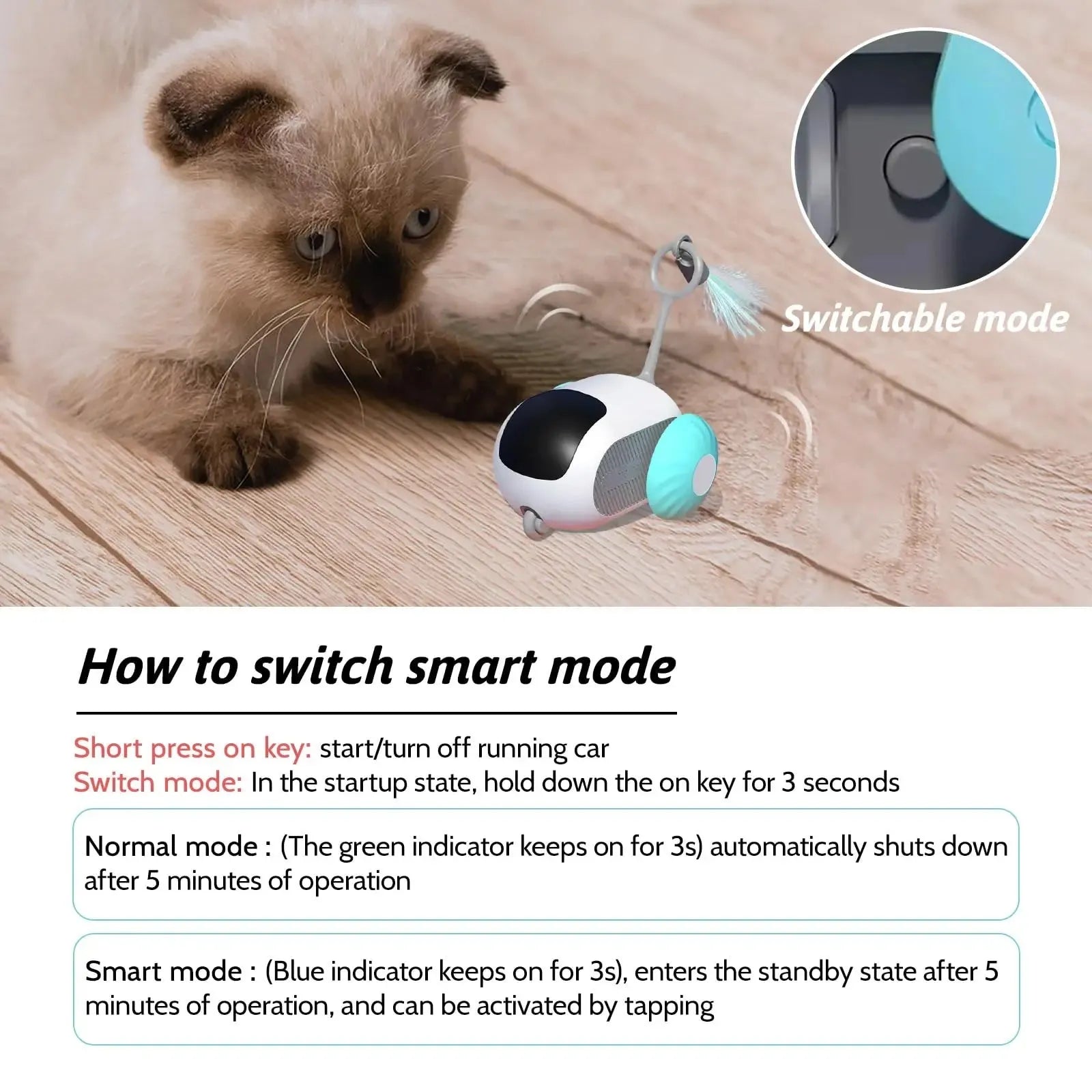 Smart interactive cat toy car with remote control and feather teaser attachment in blue colour