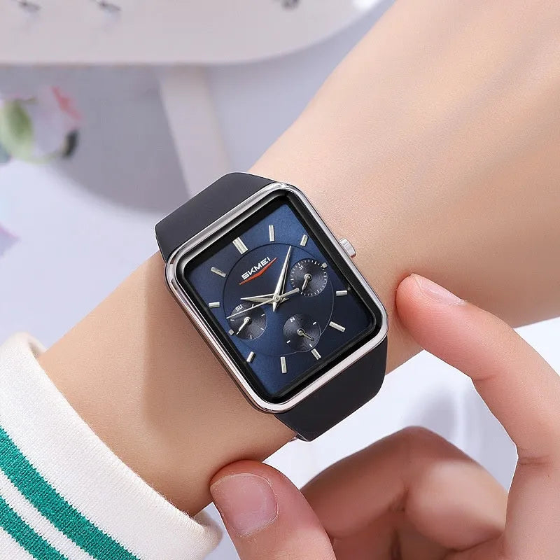 Slim square silicone waterproof watch for girls in white rose gold colour, showing 10.8mm thickness profile