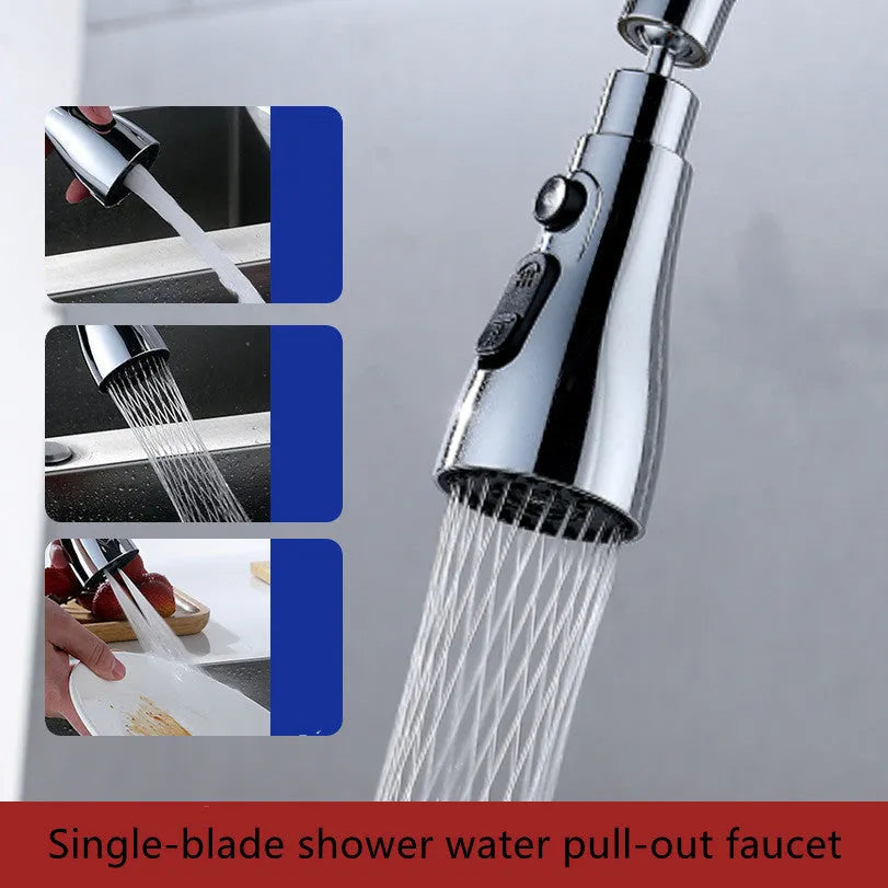 Silver universal pressurised kitchen faucet sprayer with rotating head and three-mode selector