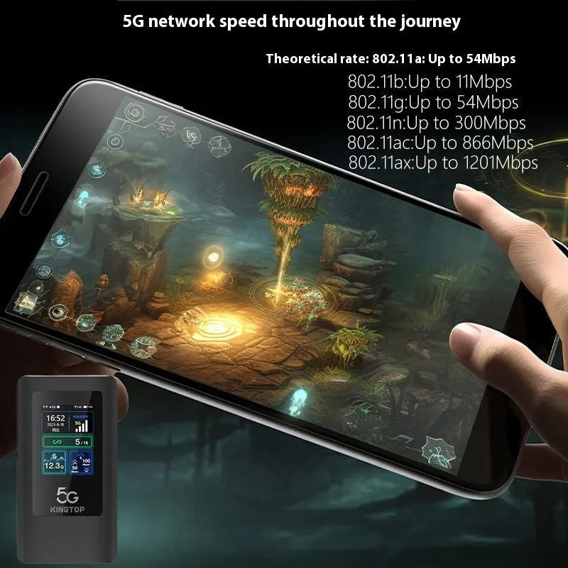 Black 5G portable Wi-Fi router with LCD screen, showing a compact design with a Type-C port and power button.