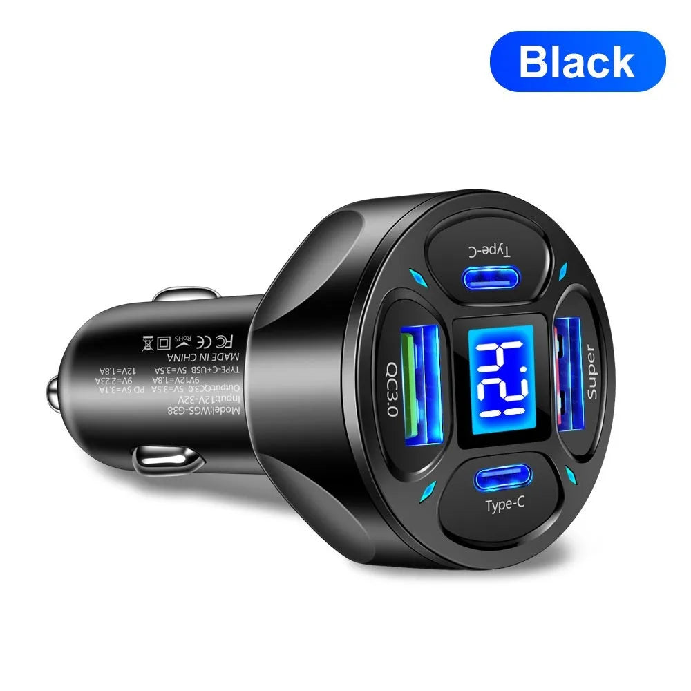 66W car charger with digital display, two USB ports, and two Type-C ports on a black plastic body.
