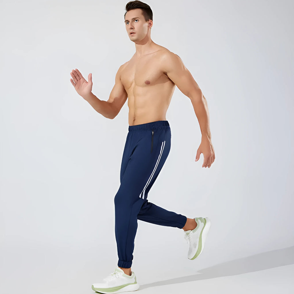Men's black and navy blue running trousers with mid waist design and full length cut