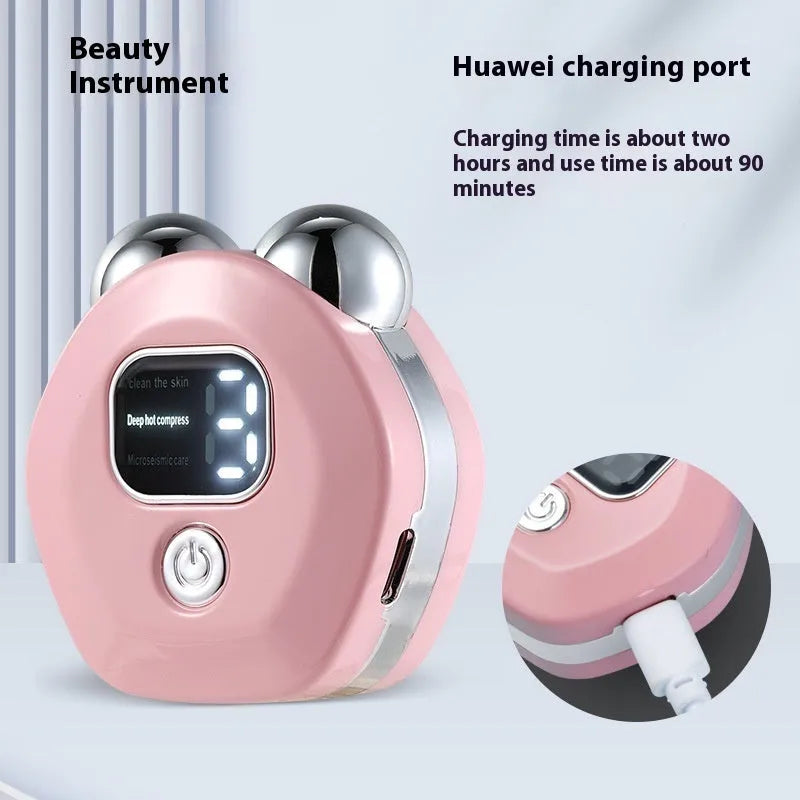 Portable white facial massage instrument with double-roller head for hot compress and microcurrent treatment.