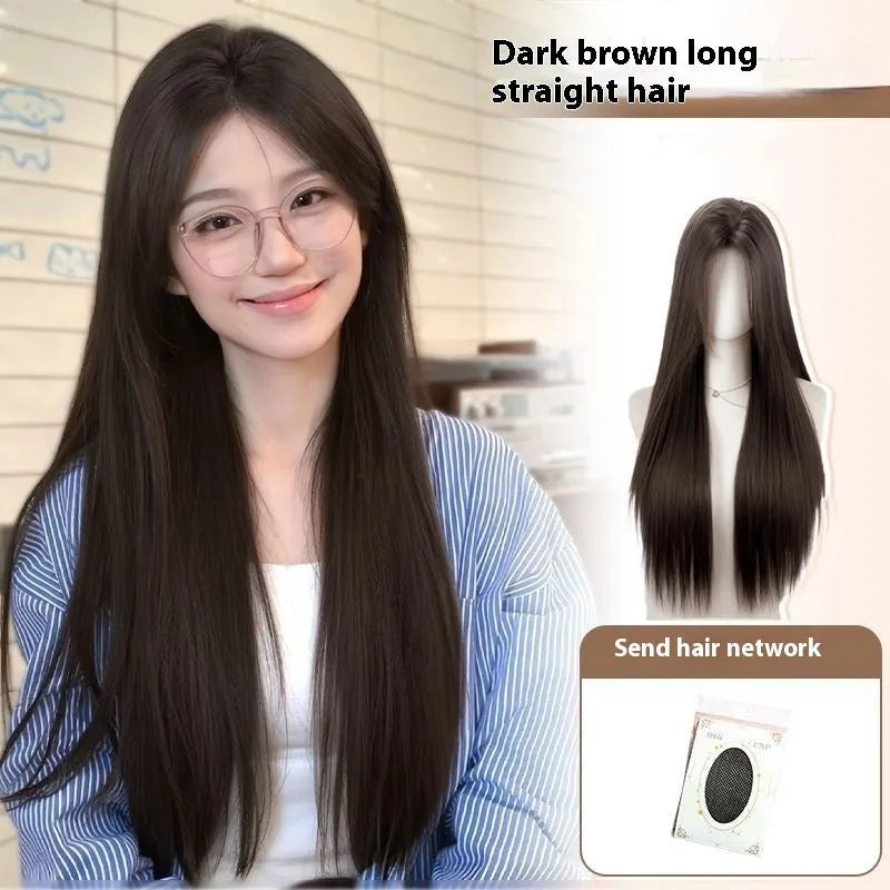 Full-head forehead lace synthetic wig in mid-length straight dark brown style for dress up.