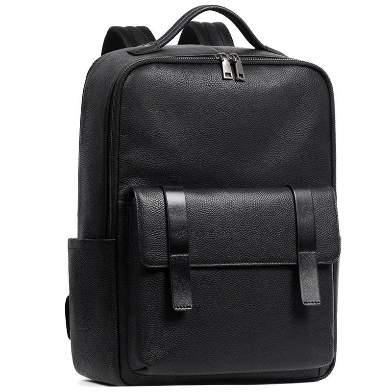 Men's black genuine leather computer backpack with 36-55L capacity and physiological curve back plate
