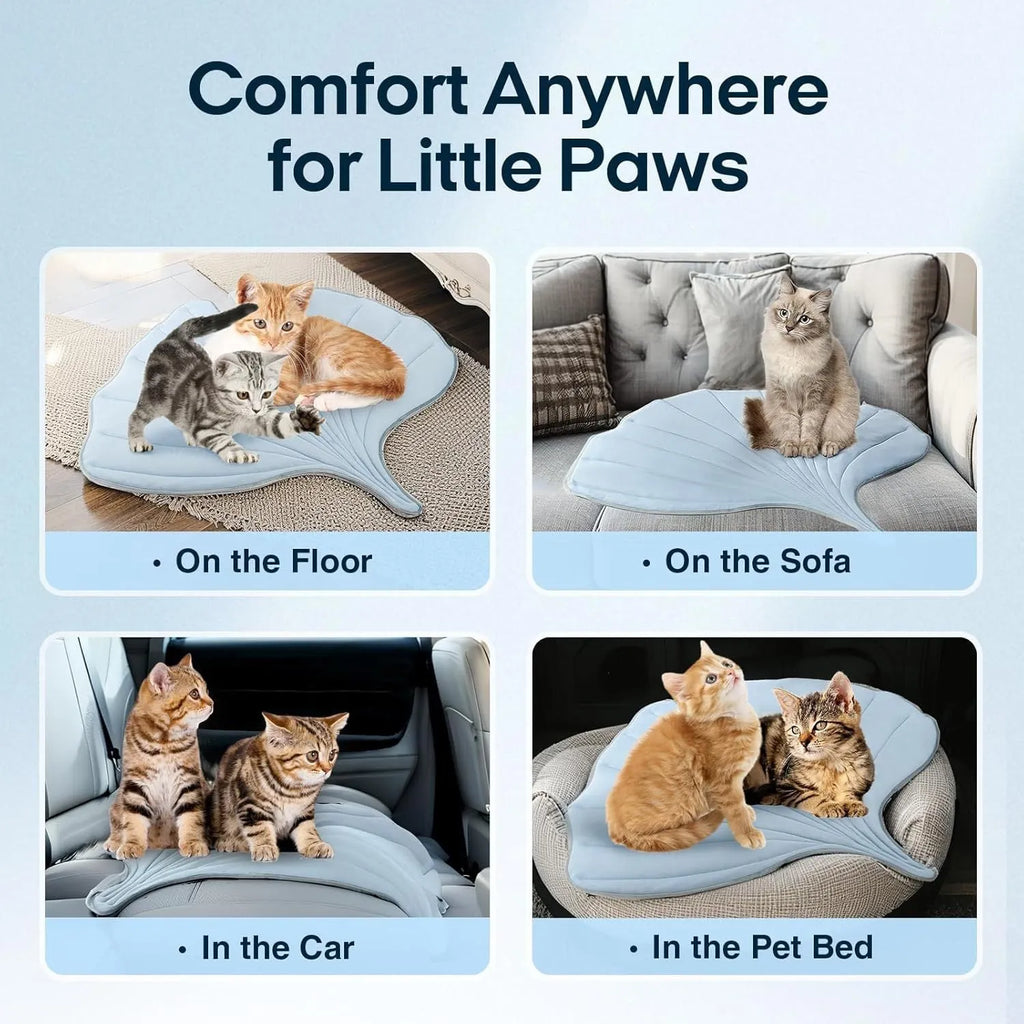 Summer cat cooling mat with ginkgo leaf shape in light blue on floor