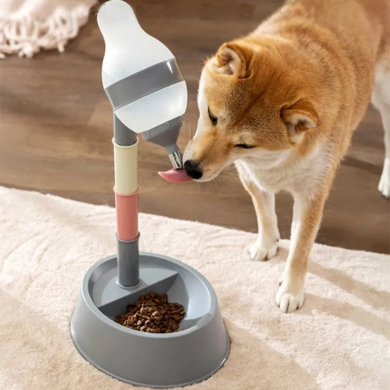 Green height-adjustable pet water dispenser with detachable pole and weighted bowl on a floor.