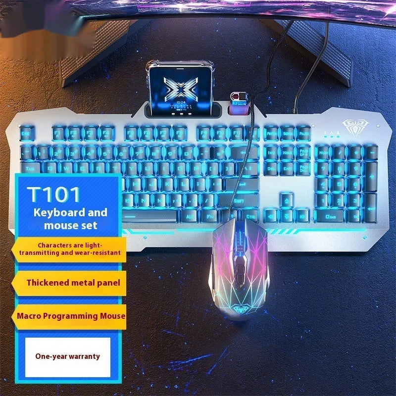 Metal mechanical keyboard bundle with gaming mouse, headset, and optional mouse pad on a desk.