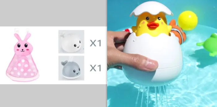 White and blue whale-shaped bath toy with water spray and LED lights floating in water