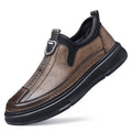 Men's black and brown solid colour leather casual shoes with round toe.