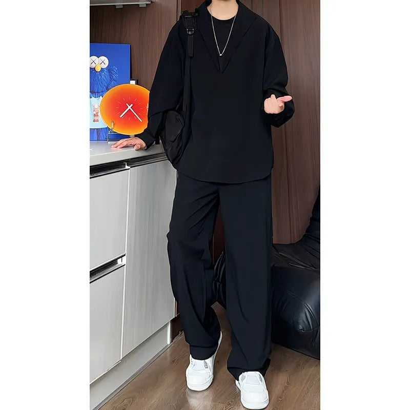 Men's black casual hemp polo shirt and trousers two-piece suit set on a hanger.