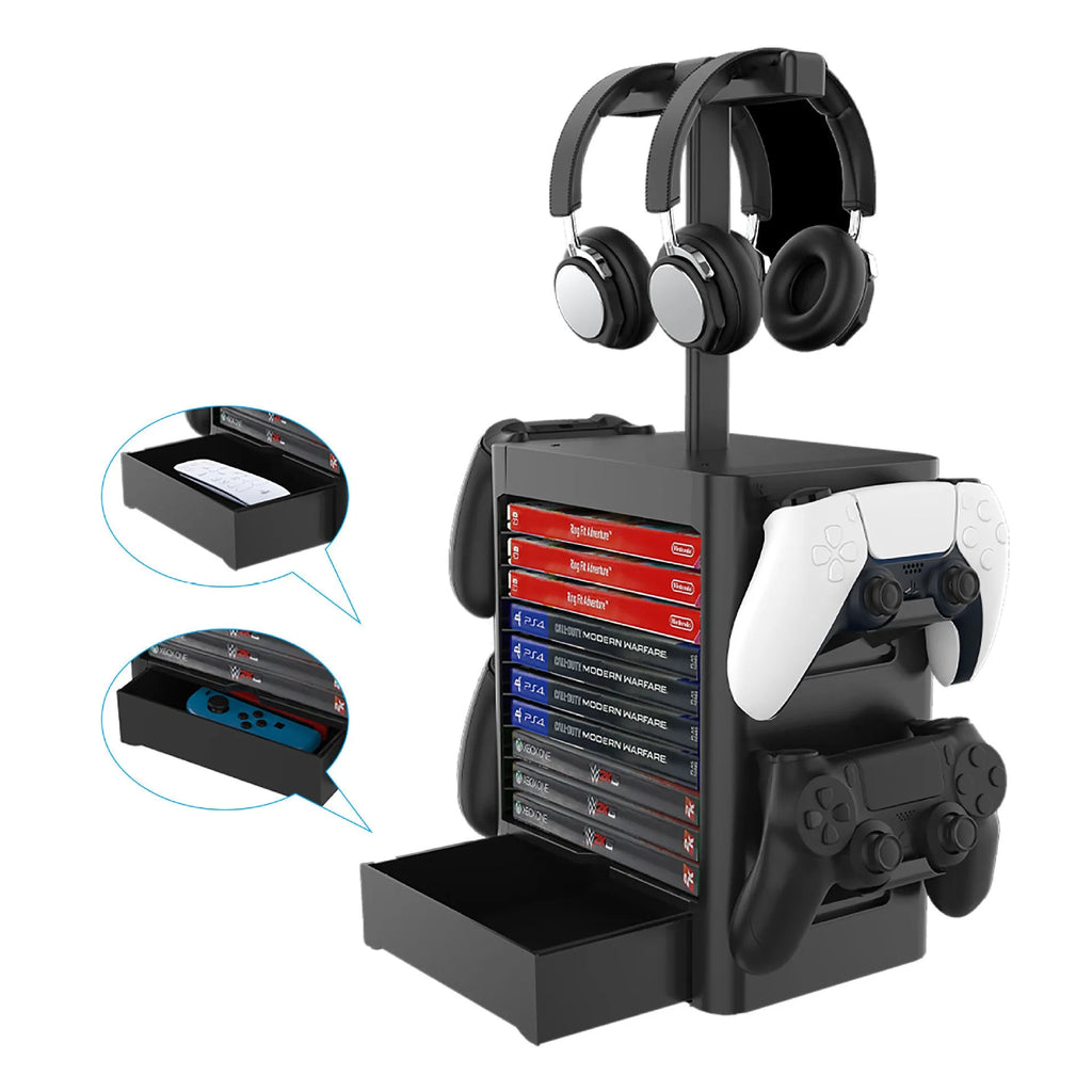 Black ABS gaming console storage rack with headset platform, controller hooks and storage drawer