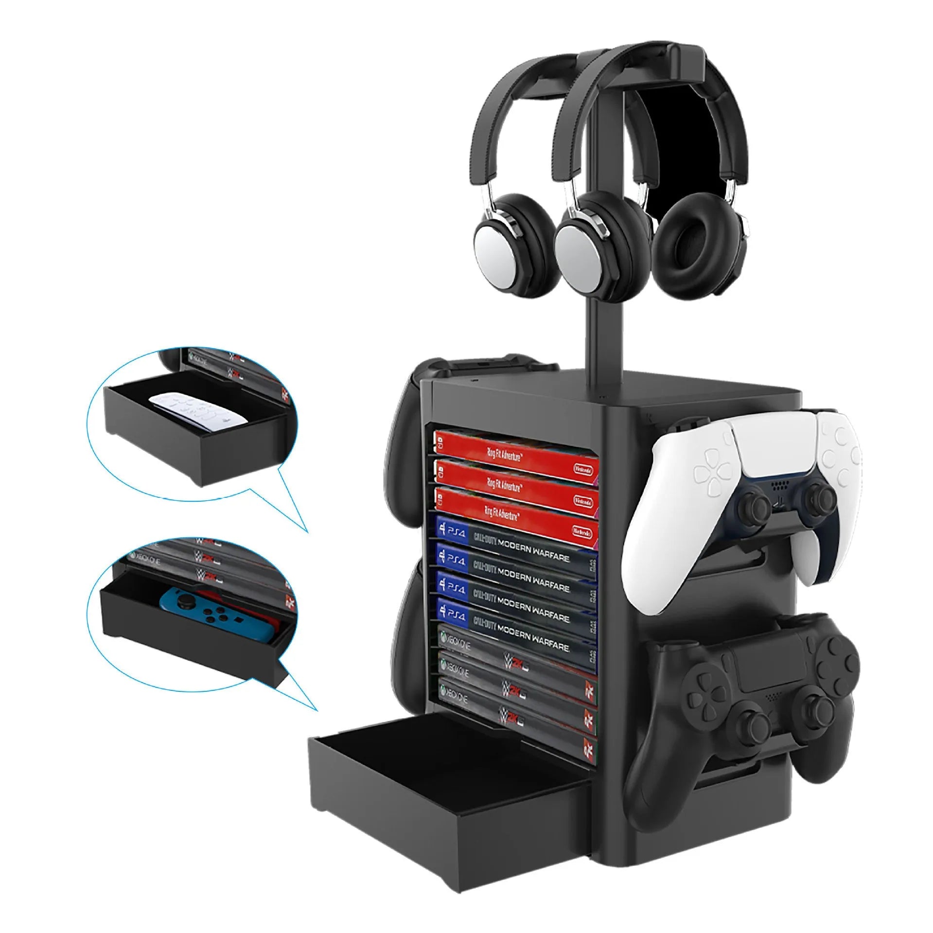 Black ABS gaming console storage rack with headset platform, controller hooks and storage drawer