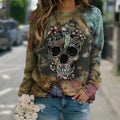 Black long sleeve sweatshirt with printed skull design on front