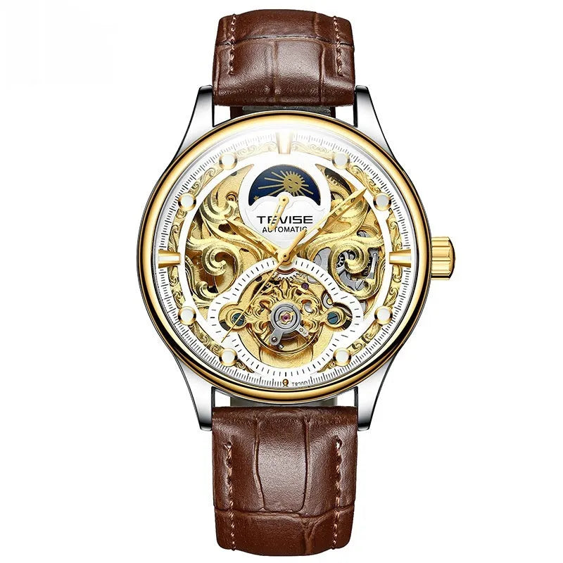 Men's waterproof automatic mechanical watch with leather strap and 16mm gold case