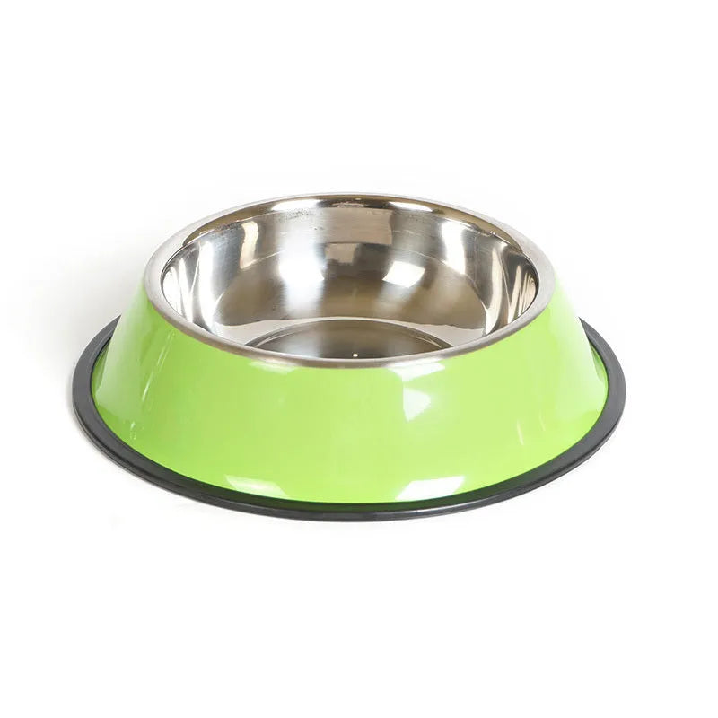 Stainless steel and colourful melamine pet bowl with a non-slip rubber base.