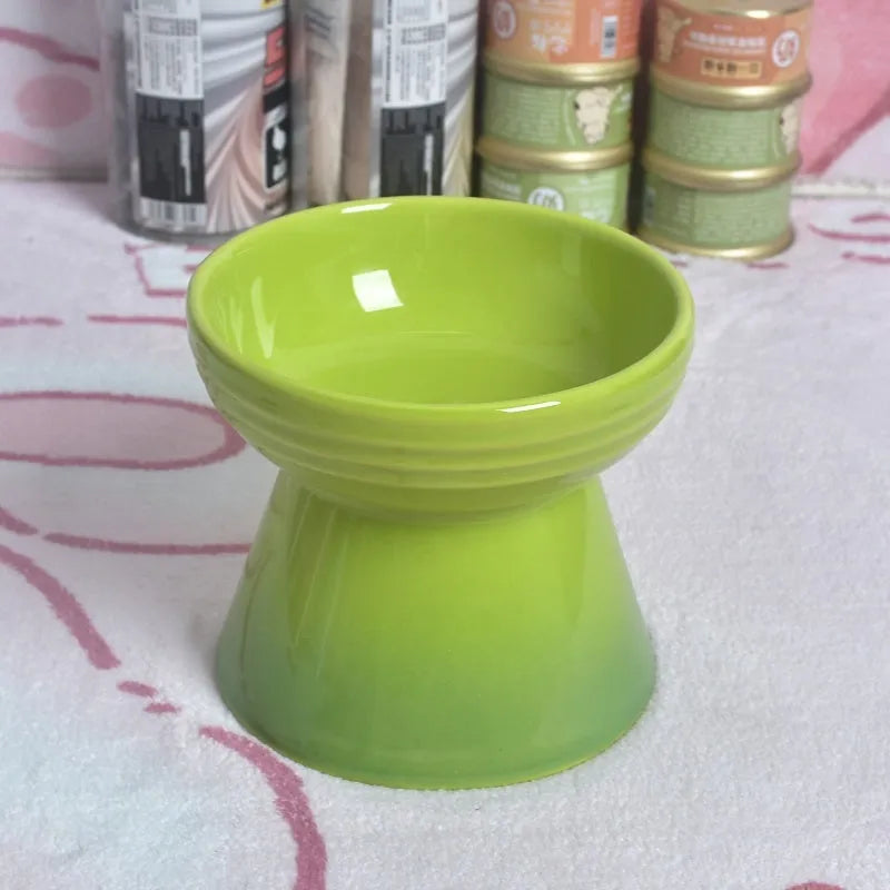 Black ceramic pet bowl with high foot and neck design for anti-tumble feeding