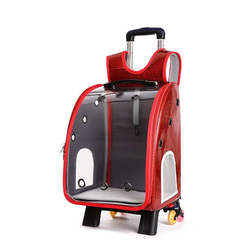 Transparent pet trolley bag with hard sides and Oxford cloth backpack for small dog transport