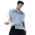 Men's solid blue loose fit short sleeve casual shirt on a hanger.