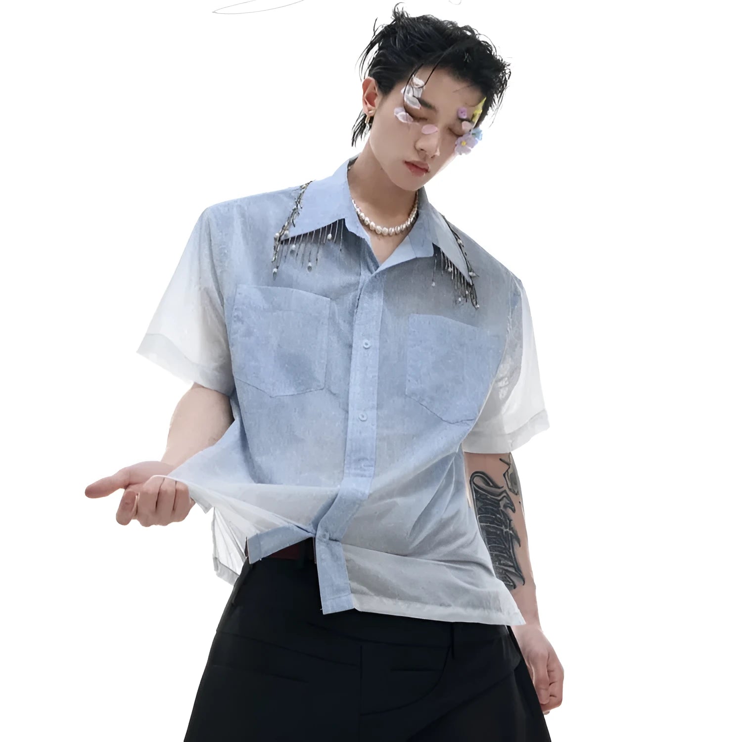 Men's solid blue loose fit short sleeve casual shirt on a hanger.