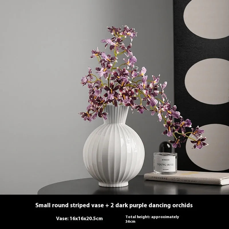 White ceramic ball striped vase with American country style decoration for living room table display