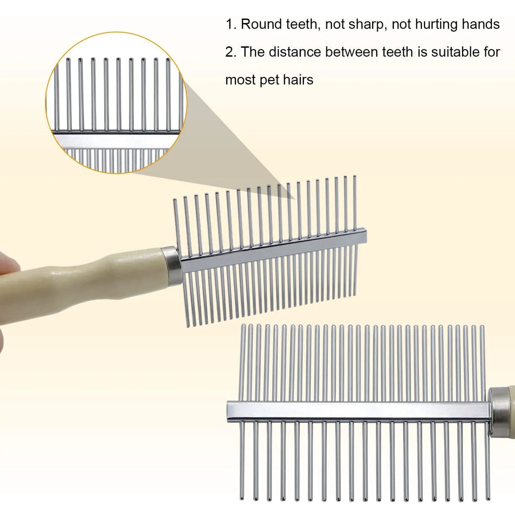 Wooden handle pet grooming comb showing three configuration types for dogs and cats