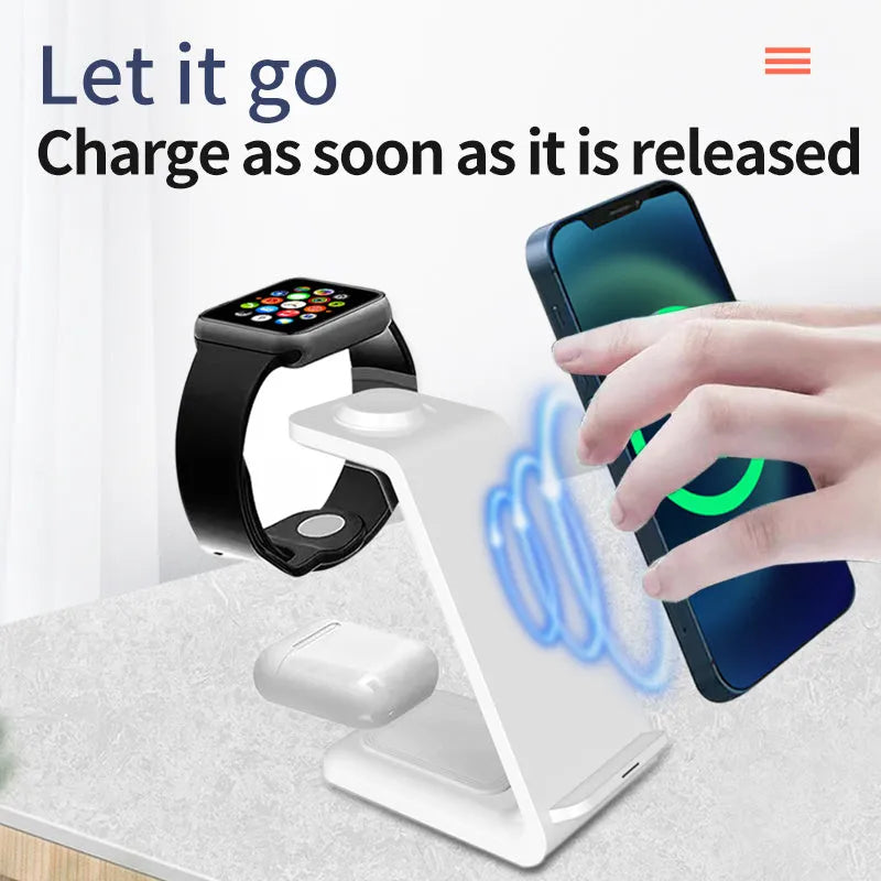 Black and white upright wireless phone charger with dual coil technology and integrated TYPE-C cable