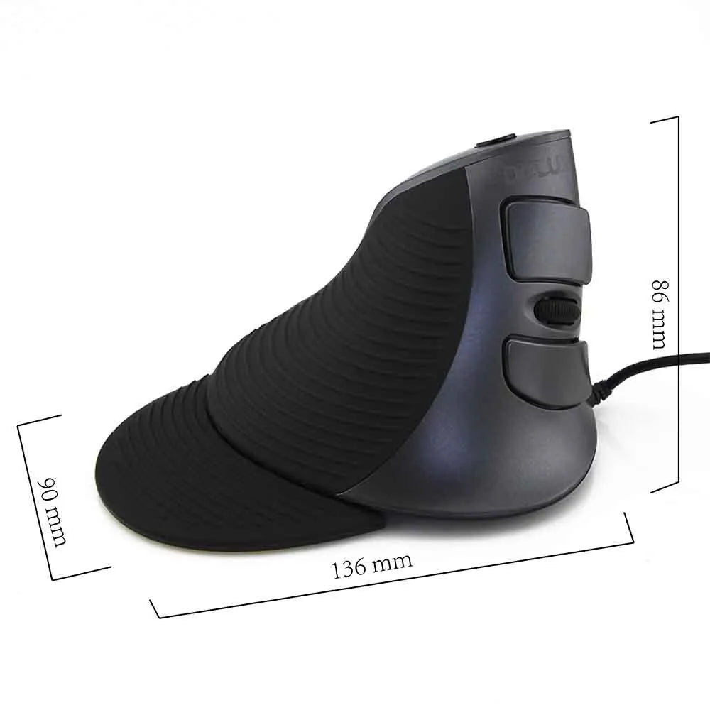 Right-handed black ergonomic vertical mouse with USB cable on a desktop.
