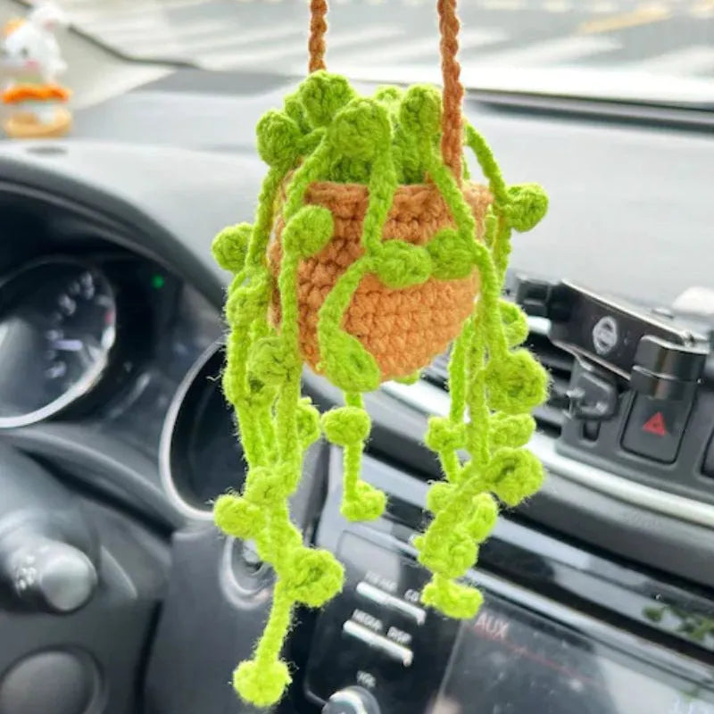 Green and white knitted wool car plant decoration with 25cm hanging rope