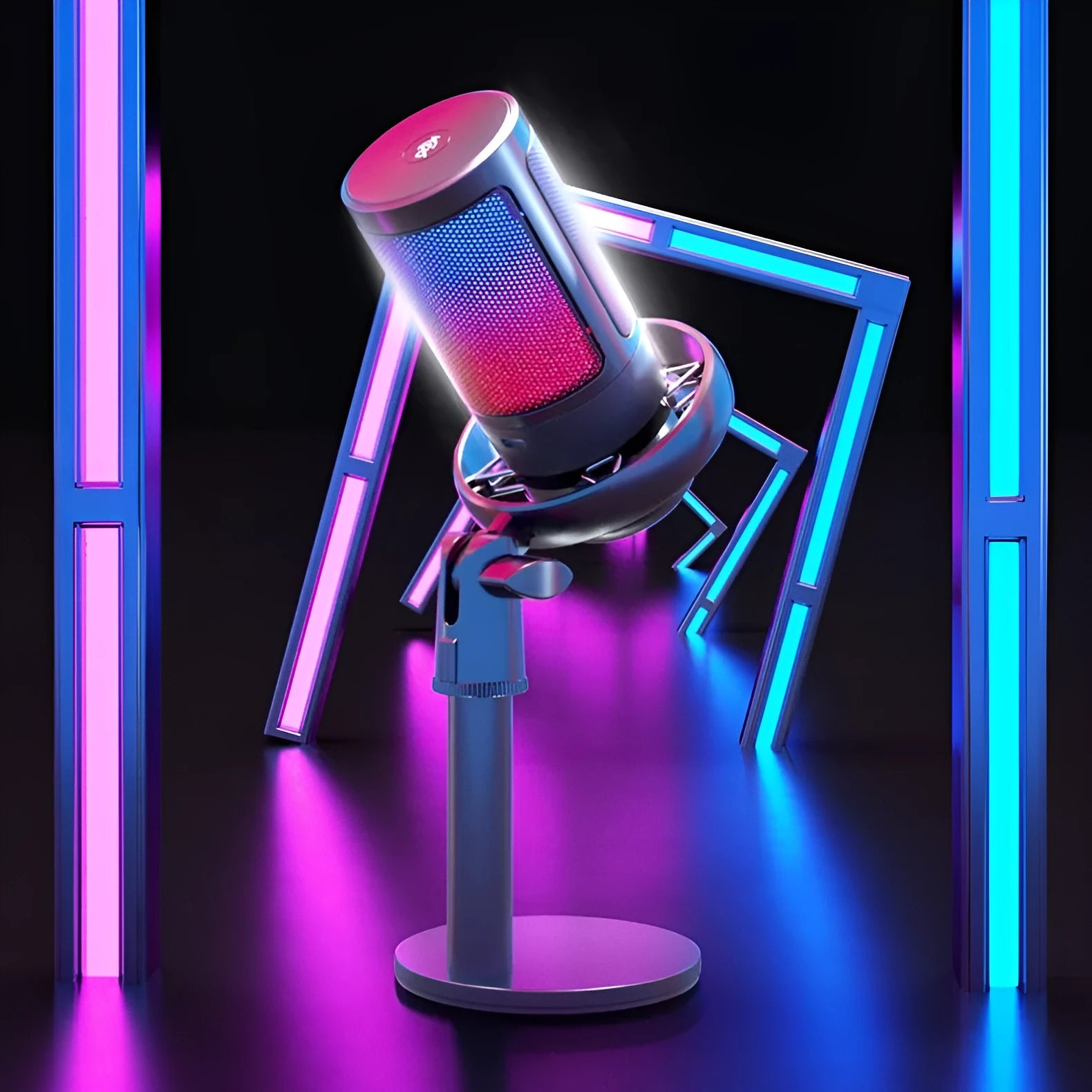 USB condenser microphone with colourful LED lights on cantilever stand for streaming and recording