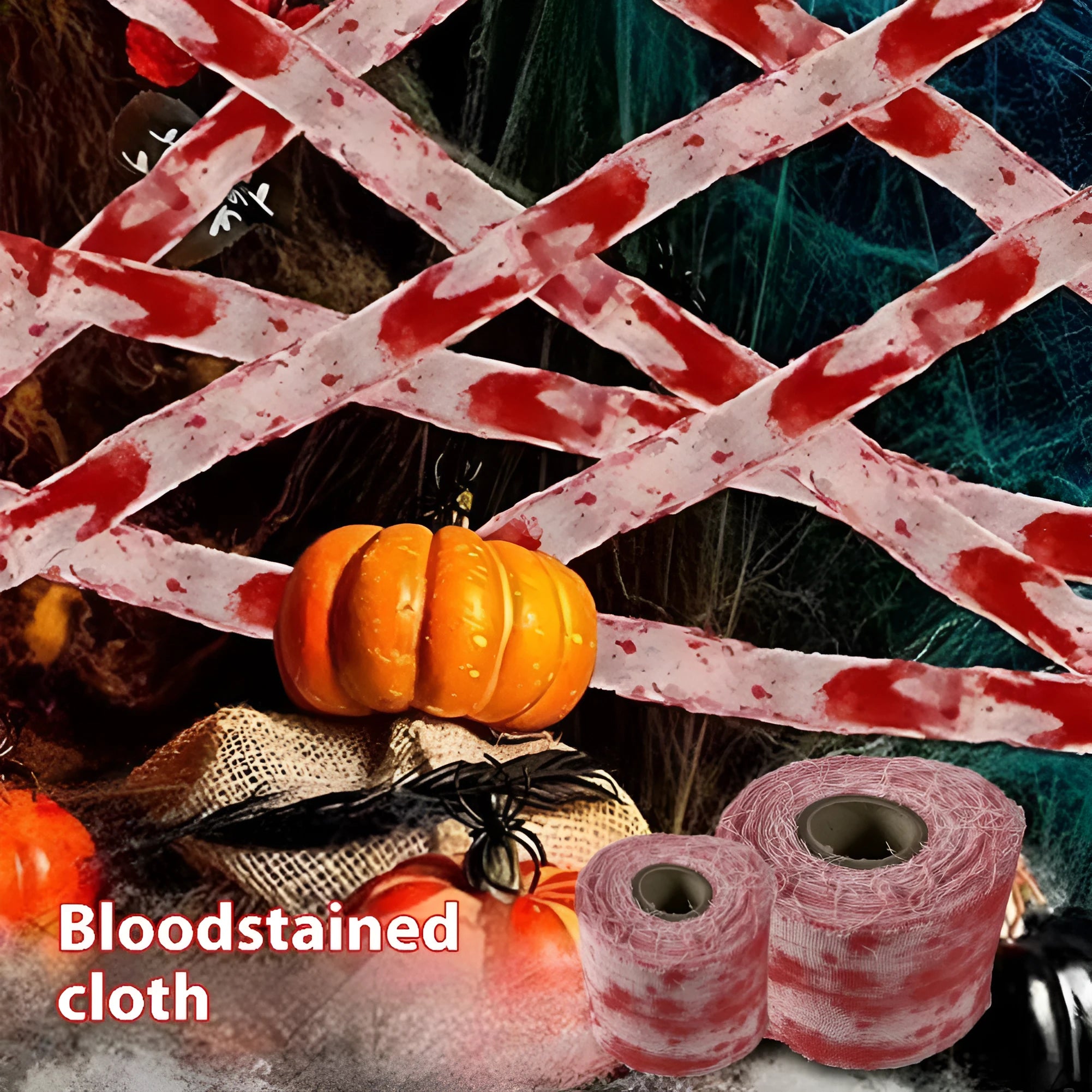 Halloween horror style bloody red dyed gauze bandage roll made from polyester fibre.