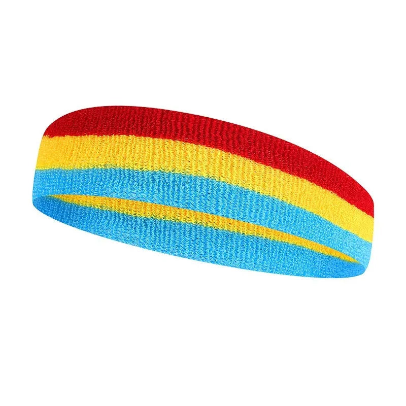 Cotton sports headband for adults in black red yellow colour combination measuring 5.5 by 20 cm