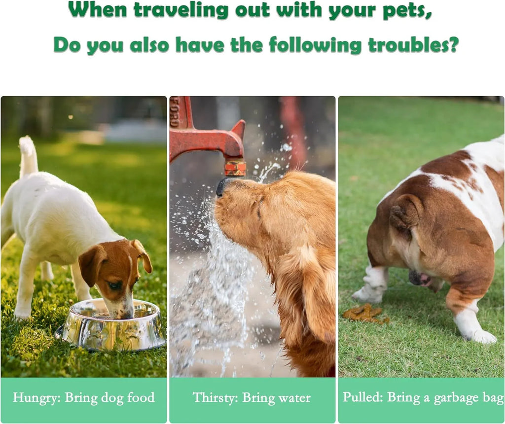 Green pink white portable pet water bottle with food container and waste bag dispenser