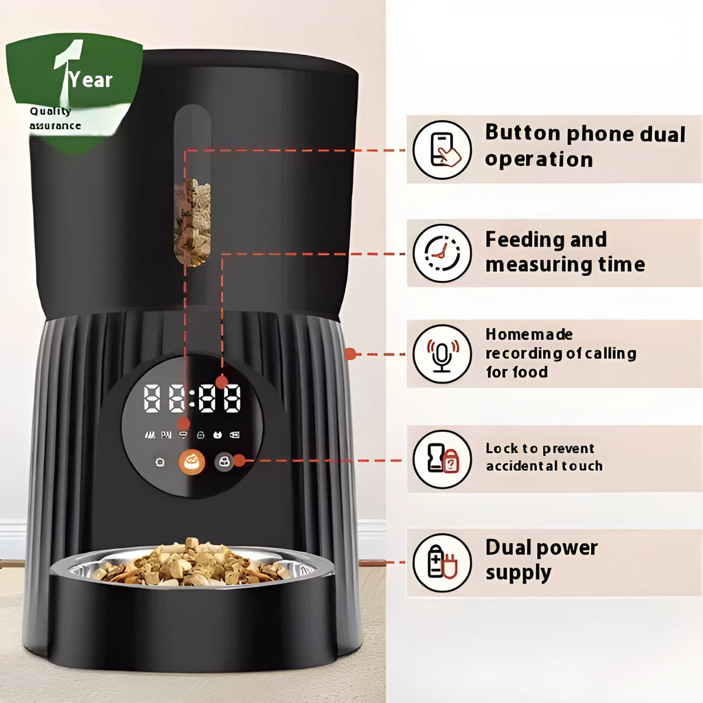 Intelligent pet feeder with automatic timing and remote control in black or white colour