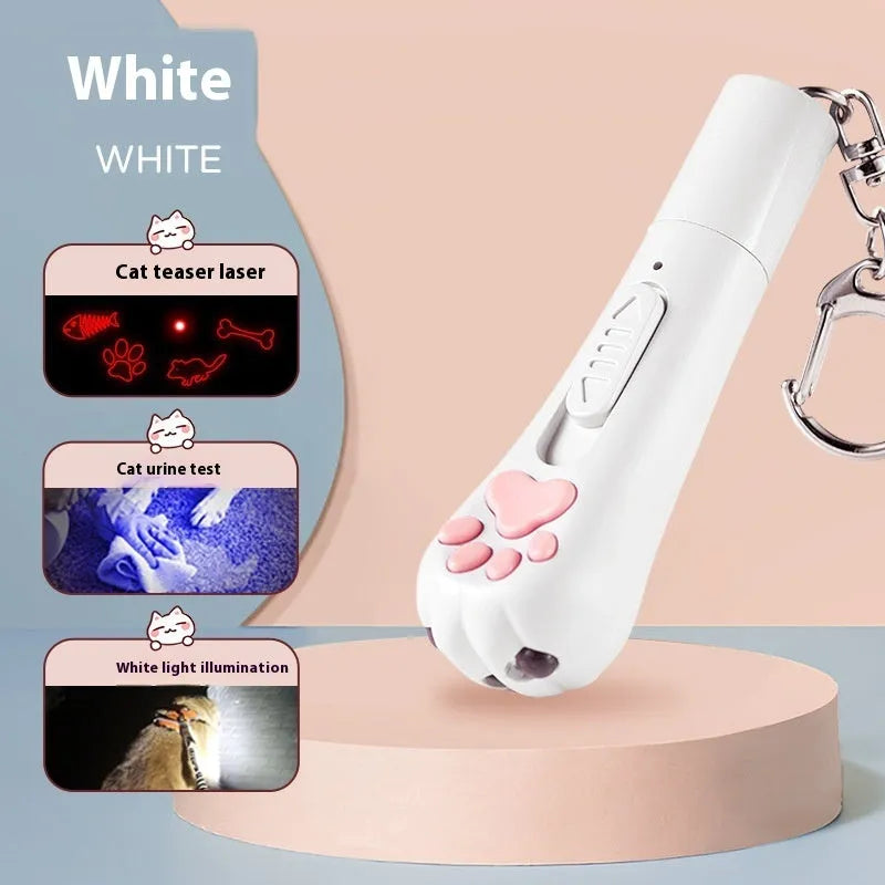 Rechargeable cat pen light toy with feather attachment in cream white, pink, or blue