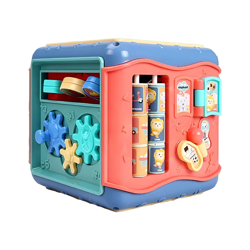 17cm hexahedron educational toy cube showing bead maze, gear connections, and clock face activities