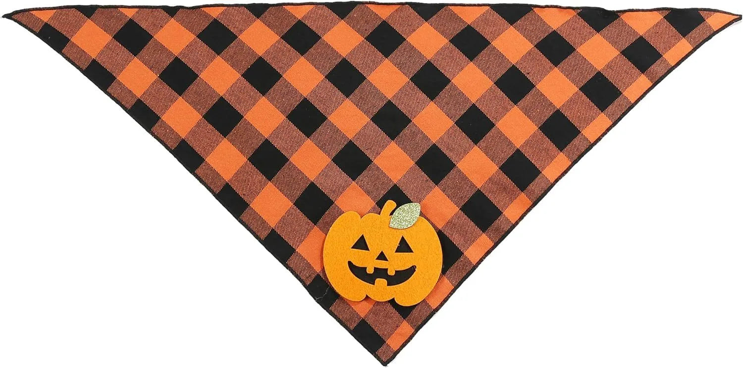Orange plaid Halloween dog bandana with pumpkin and white skeleton appliques on polyester fabric