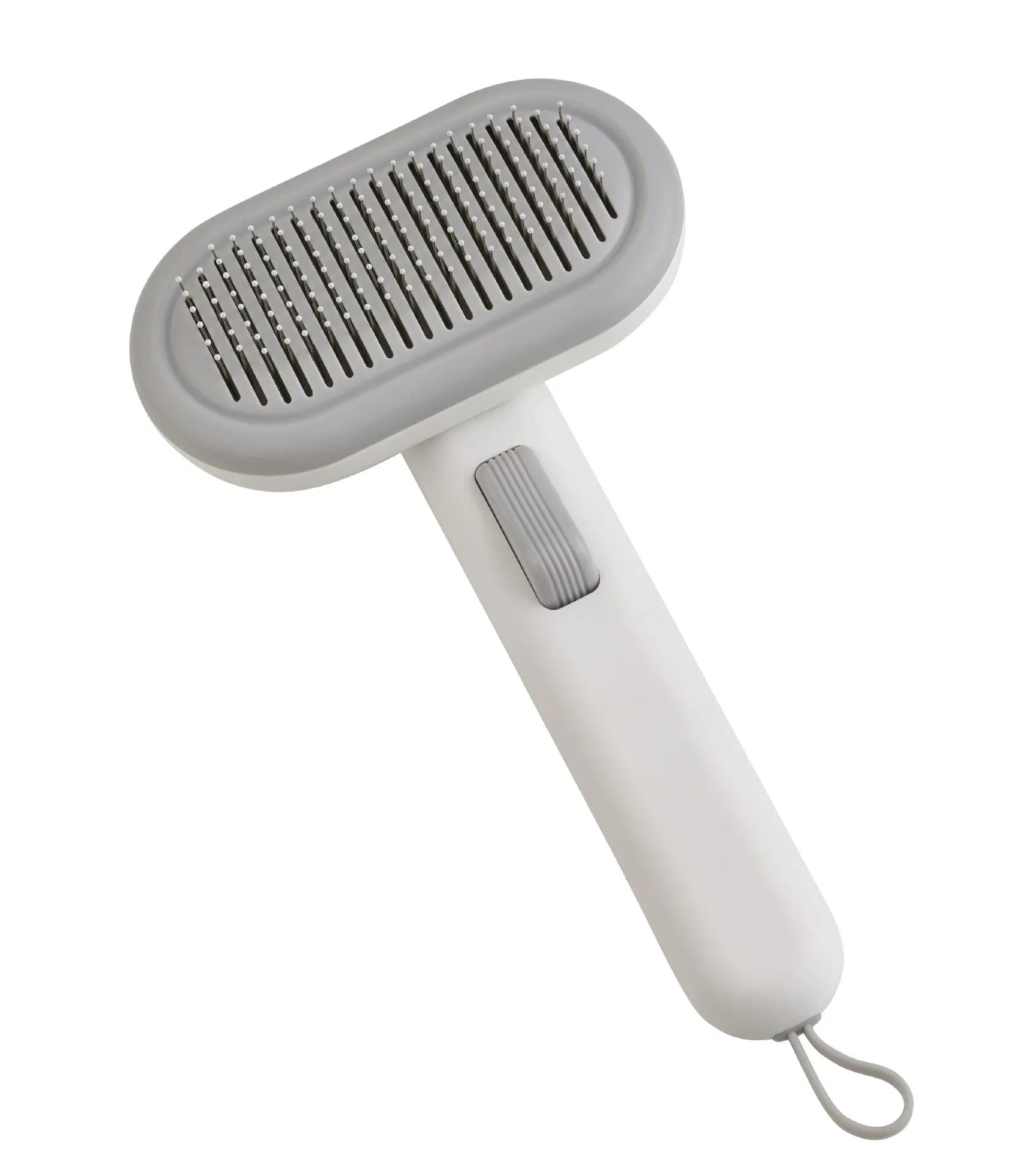 Large light grey pet grooming comb for cats and dogs showing one-click hair removal button.