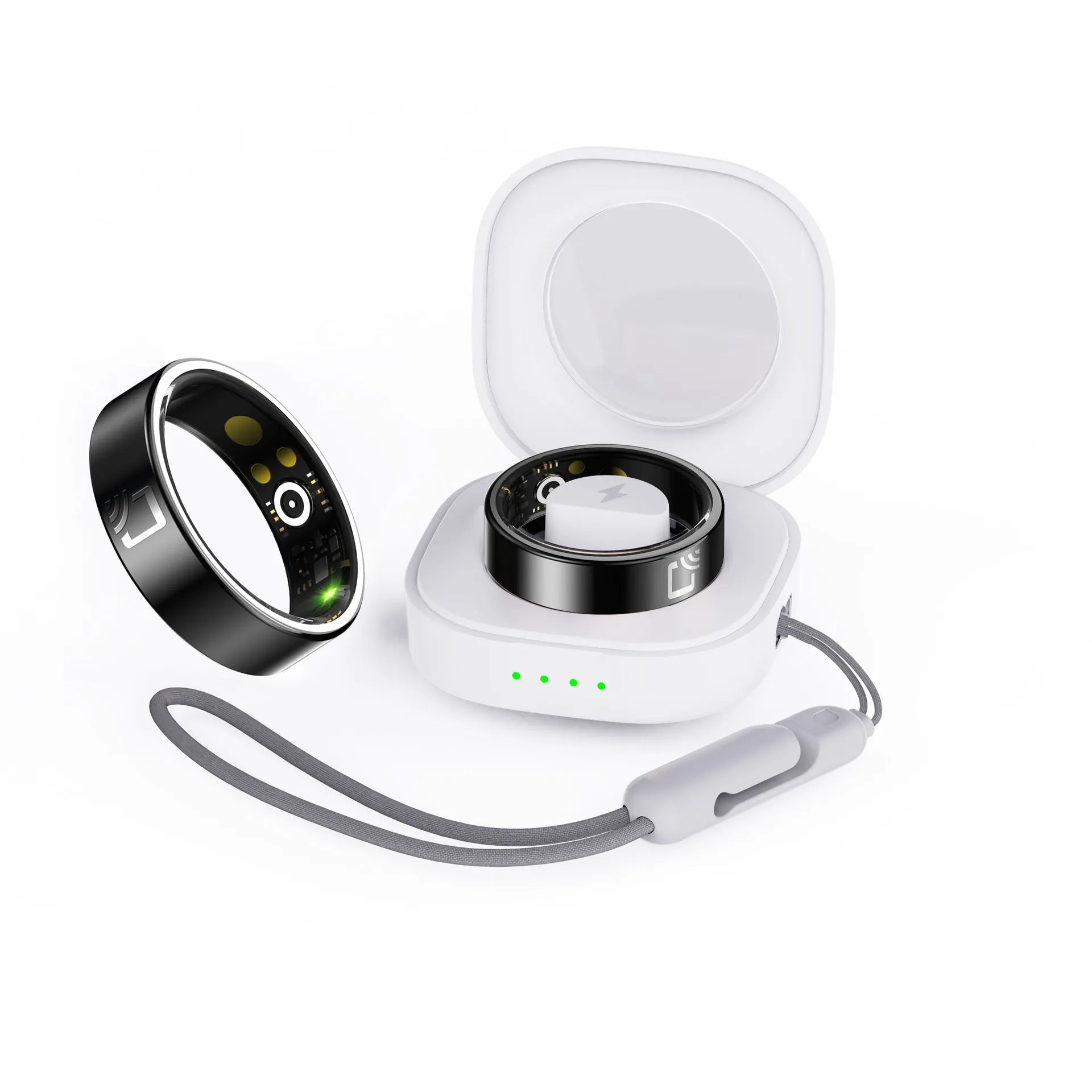 Black ceramic smart ring for heart rate, blood oxygen, and sleep monitoring on a finger
