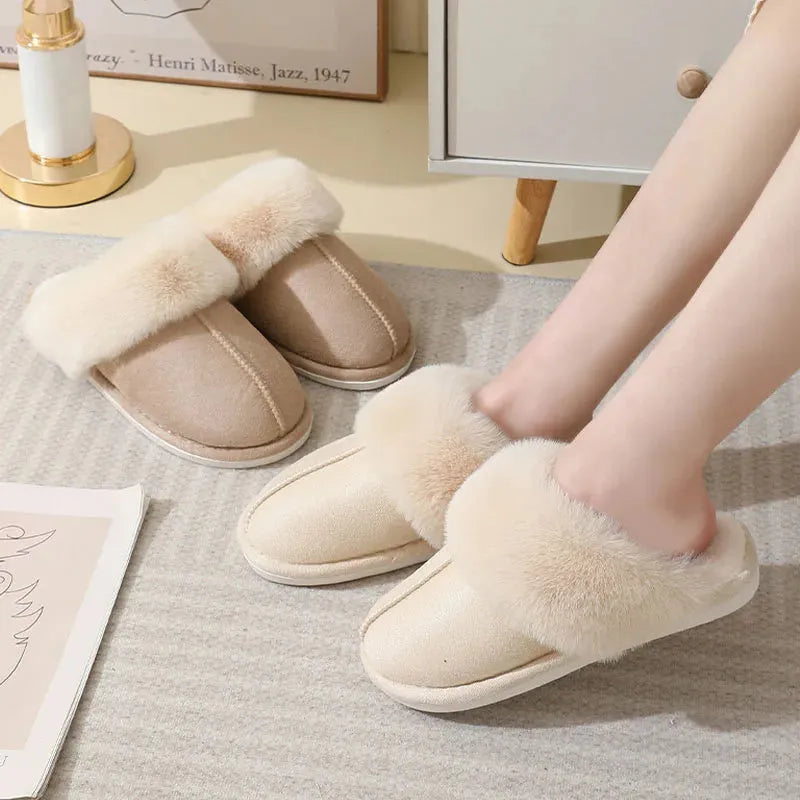 Women's brown plush slippers with round toe, flat heel, and anti-slip PVC sole.