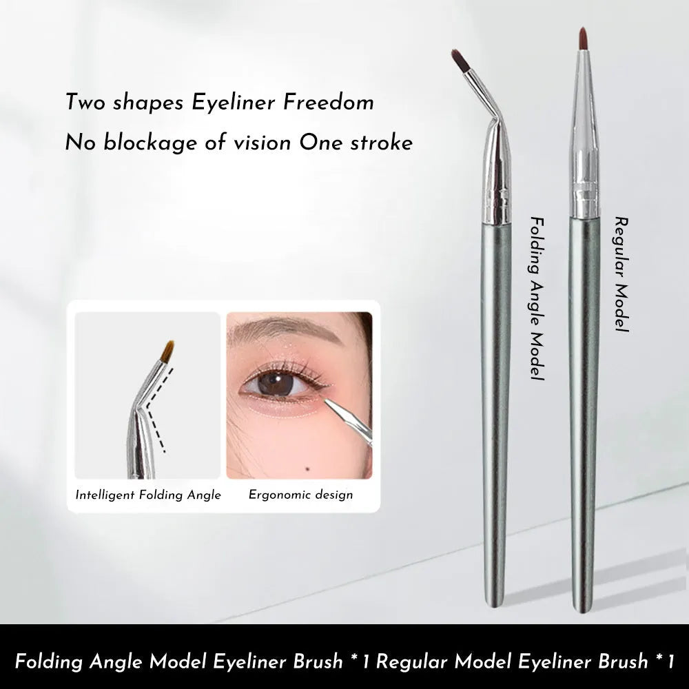 Angle view of a bend head fine tip eyeliner brush for under eye and tear trough makeup application.