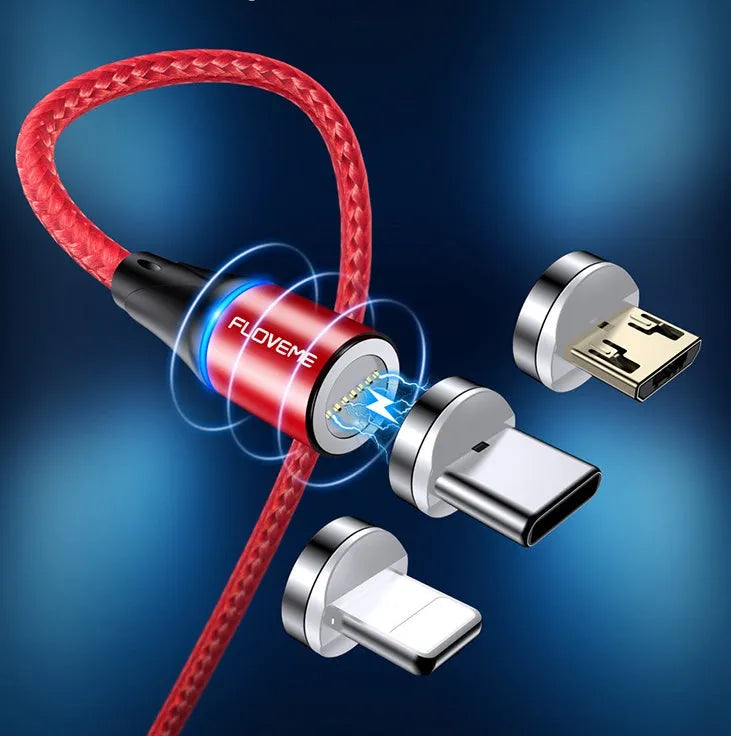 Magnetic USB fast charge and data cable for iPhone and Android phones in black, red, or silver.