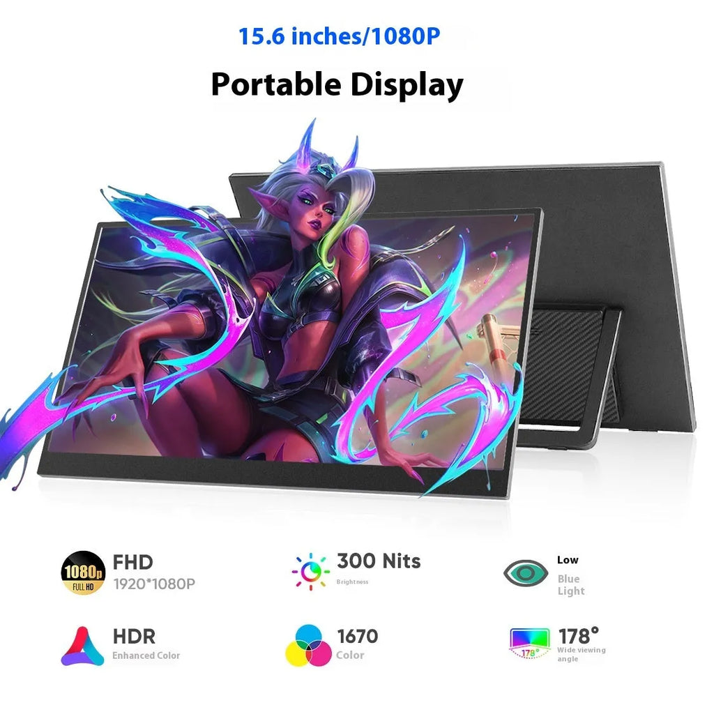 Black 15.6-inch portable computer display with adjustable stand showing Full HD screen