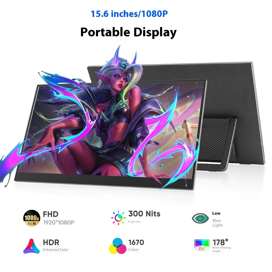 Black 15.6-inch portable computer display with adjustable stand showing Full HD screen