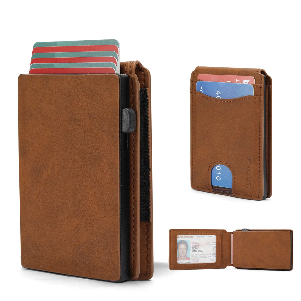 Men's slim RFID blocking card holder wallet in microfiber synthetic leather, shown in black, dark brown, and light brown.