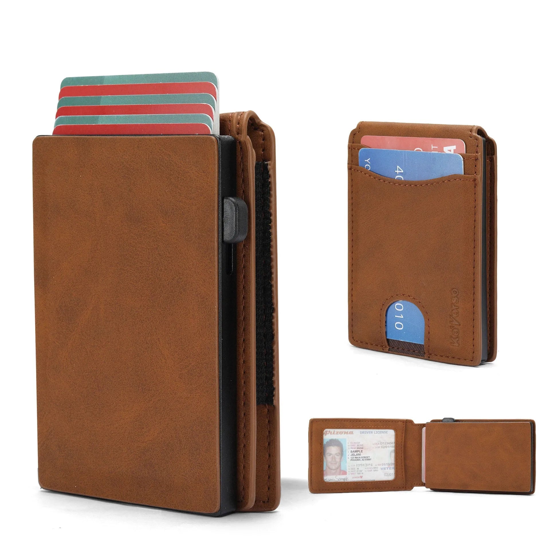 Men's slim RFID blocking card holder wallet in microfiber synthetic leather, shown in black, dark brown, and light brown.