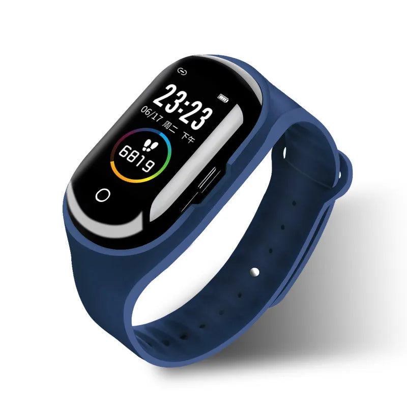 Smart bracelet with integrated Bluetooth earphones in silicone wristband showing 1-inch screen